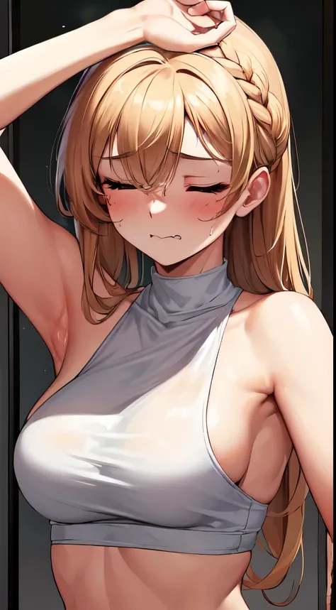 ((Best quality, 8k, Masterpiece :1.3)), 1girl, Pretty woman with emphasizing slender abs :1.3, (random hairstyles :1.2), Oversized tank top :1.2, Ultra-detailed face, Detailed eyes, Double eyelid, armpit, nsfw,(ecstasy:1.3) ,(slut:1.2),(vulgarity:1.3),(fuc...