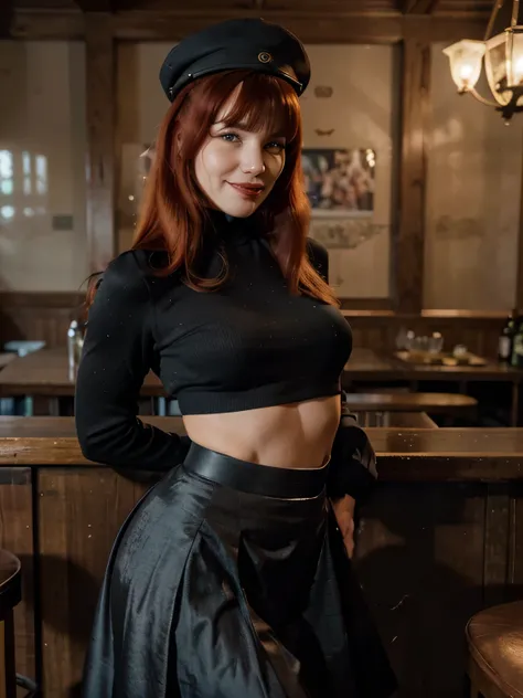 red hair ponytail smiling Bettie Page with red hair, wearing military shirt and hat, black gloves and  has eyepatch, she wants to make love,flirting with the camera, Brown long maxi-skirt(black long maxi-skirt:1.2 ) inside an old english pub standing again...