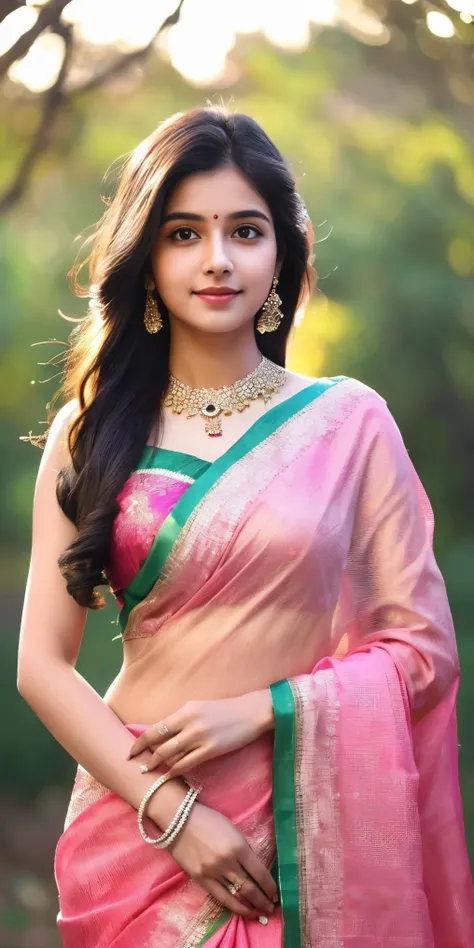 8K, ultra high detailed, an indian girl, cute face, happy, long hair, impressive hairstyle, detailed eyes, detailed lips, indian clothes, saree, pink saree, lace, wearing jewellery, nature background, flowers, afternoon, shadow, clear weather, whole body c...