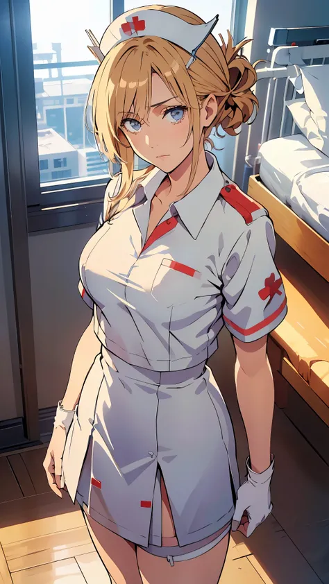 Girl1,Nurse, wearing white, ((nurse cap,white legs, Zetai Ryuki)), white gloves, standing, ((hospital room)), short sleeves,Eyes droop,Sharp outline,super detail,high quality,high details,best quality,1080P