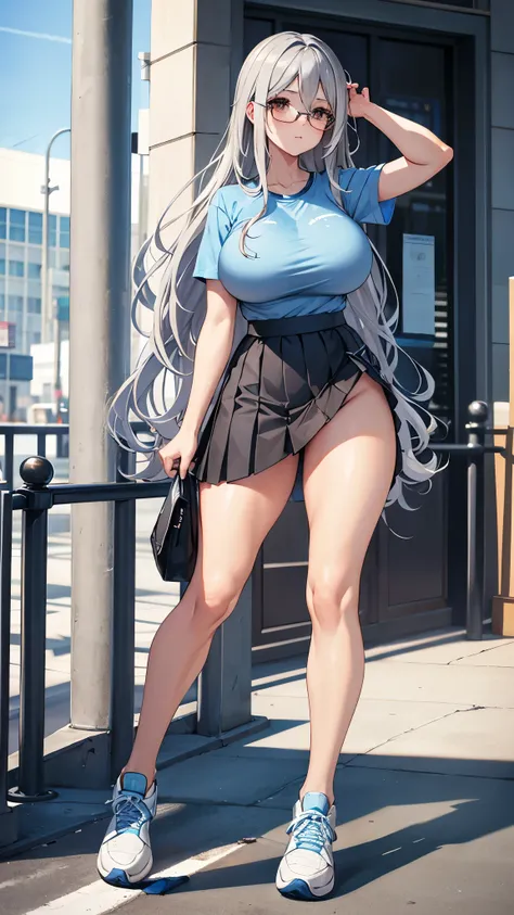 wavy silver hair that cascades to the middle of her back.  Brown eyes.  Slim and athletic build.  She was wearing a  skirt in shades of blue, a light blue shirt.  He was wearing sports shoes. Very Busty. 