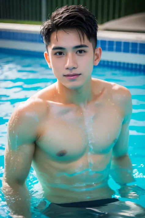 Portrait of David Licauco， mature，swimmingpool，18 year old boy，Wet with，tmasterpiece