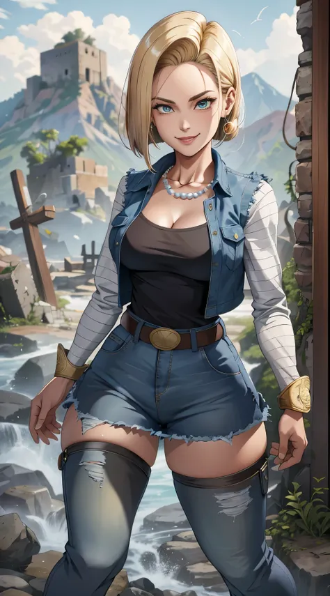 melhor qualidade, high resolution, E18, 1 garota, android 18, garota sozinha, 1 garota, cabelo loiro, olhos azuis, cinto, jeans azul, Pearl necklace, pulseiras, luvas pretas, camisa branca, cabelo curto, Manga curta, brincos, blue pants, colete aberto, col...