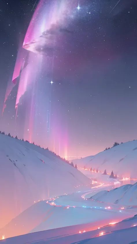 Pink aurora in white snow, snow mountain,river,snowstorm,colorful stars twinkling, Unreal Engine, 8K HD, HD.