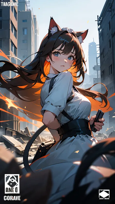 Cute anime girl, guns in each hand, beautiful maid dress, cat ears, cat tail, flowing long hair, detailed hair, action pose, dynamic, wartime, warzone, destroyed buildings, dust, details, particles, background bomb explosions, realistic shading, strong sha...