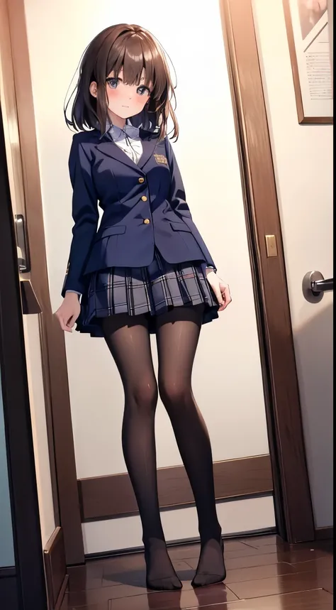 finest, masterpiece, High resolution, (Full body view from head to toe), Composition from slightly below the front, Symmetrical, 18 years old, slim and beautiful girl, alone, (small breasts), (not wearing shoes),Unkempt brown hair, bangs, (black tights), (...
