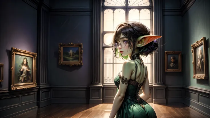 Masterpiece, absurdrez, amazing detail, 4k, perfect face, small ears, 3 foot tall green goblin girl, wearing modest purple cotton dress, very shy, black glasses, (green skin), short dark hair, purple eyes, exploring a fine art museum, curious and fascinate...