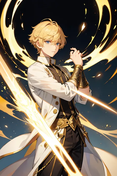 God of light, boy, male, handsome, young, teenager, golden hair, short hair, fully clothed, power, assassin, assassin clothes, best quality, status, golden eyes, ring of light behind back, weapons, holding sword, light effects, masculine, confident, emotio...