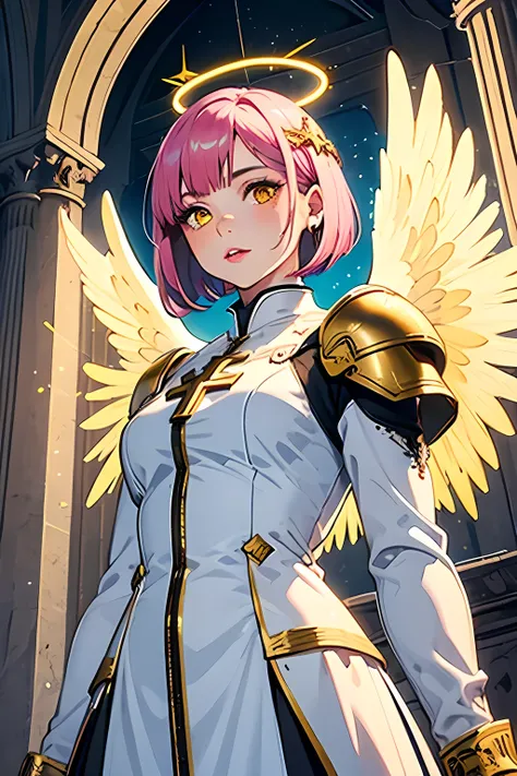 1girl, from below, looking at viewer, halo, mature, white priest outfit, pink_hair, shoulder_armor, muscular, glowing_yellow_eyes, lips, angel wings, glowing wings, inside_cathedral, straight bob, solo, make_up, gold embroidery