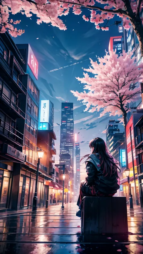 octane, Sky, landscape, night, 1 Girl, Solitary, outdoor, architecture, cloud, sitting, Sakura Tree, Wind, cherry blossoms flying, Long hair, City, Cityscape, sparkle, best quality, 8k, masterpiece, award winning