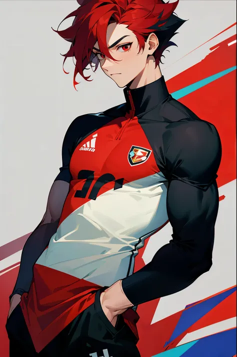 soccer jersey, multi color hair, two toned hair, young male, muscular, soccer field background, arms in pockets, red eyes, black and red jersey, red hair