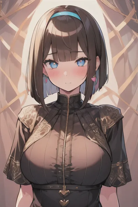 (best quality), (Super detailed), (Best Illustration), (woman), look at viewer, {(idol)}, (large breasts), {(detailed eyes), (heart-shaped pupils), blue eyes}, {brown hair, (sideburns), (bob cut:1.3), curly hair, hairs between eyes, colored inner hair}, bl...