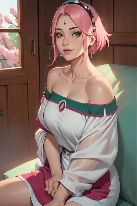 (((vestido sexy con hombros descubiertos))), Obra maestra， La mejor calidad en el mejor de los casos， 1 chica， sakura haruno， (((senos enormes)))，((hombros desnudos))，（((((escote)))))，（Primer plano de la parte superior del cuerpo)，sexy，Is shy，sonrisa，con c...