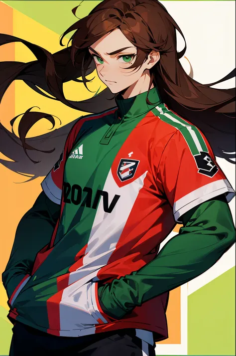 soccer jersey, multi color hair, two toned hair, young male, muscular, soccer field background, arms in pockets, green eyes, black and red jersey, long hair, brown hair