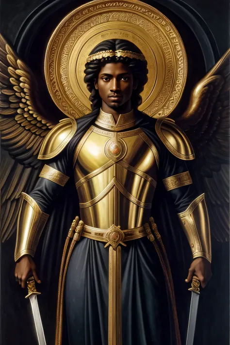 Full-length portrait of the Archangel Michael, with black ethnic appearance, with his eyes confronting the viewer, wearing golden armor, holding a sword in one hand, painted by Michelangelo, high quality, HD