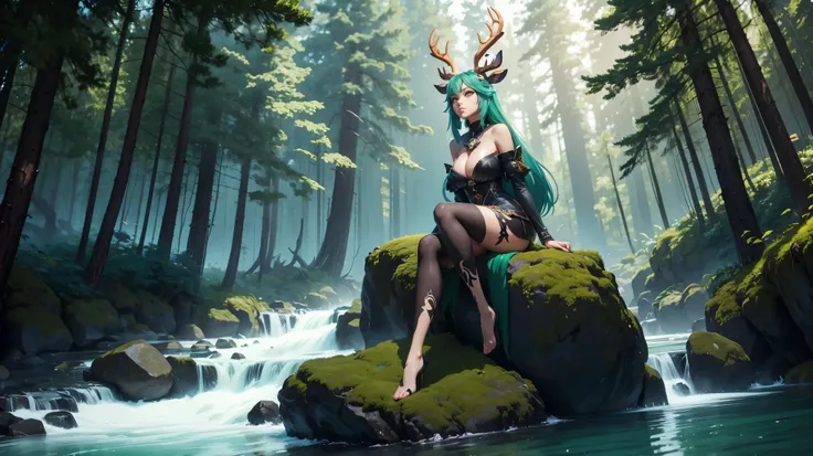 a woman with green hair and a deer antlers head sitting on a rock, beautiful face, stylized anime, forest soul, detailed digital anime art, anime fantasy illustration, digital anime art, digital anime illustration, anime fantasy artwork, anime styled digit...