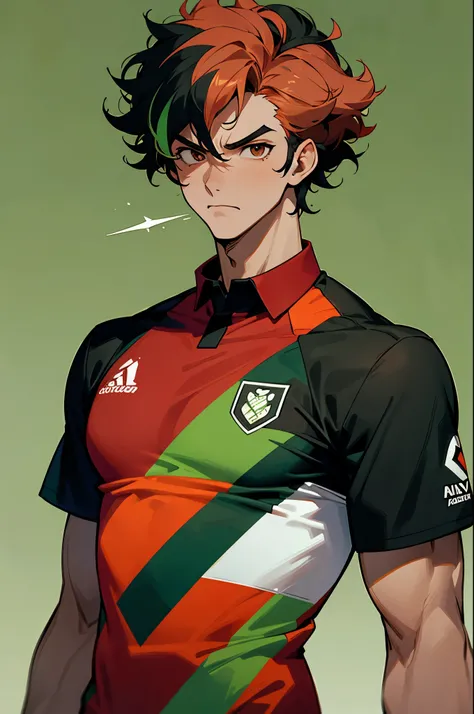 soccer jersey, multi color hair, two toned hair, young male, soccer field background, brown eyes, black and red jersey, curly, green two toned hair, muscular, serious face,
