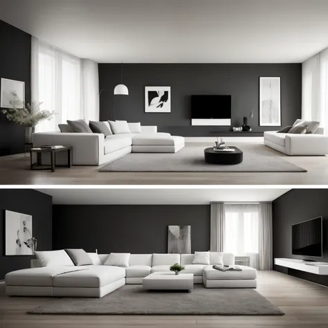 Living room minimalist, dark gray walls, white sofa, not artwork on walls, 