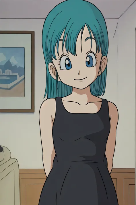 masterpiece, bulma, 1 girl solo, aqua hair, blue eyes, smile, flat chest, looking at viewers, wearing a sleeveless black dress, collarbone, hotel room, indoors, arms behind back