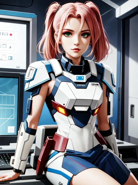 Obra-prima em ((8k)) resolution, with style inspired by futuristic science fiction. | Alice, ((completo_corpo)) an intrepid 22-year-old Viking warrior, usa uma fantasia vermelha com chiquinhas verdes no cabelo. Her determined look reflects courage as she f...