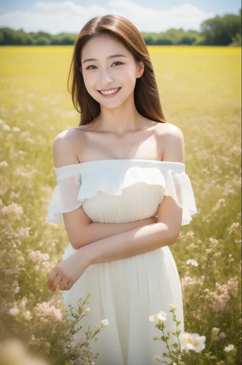 Best quality, masterpiece, ultra high res, (photorealistic:1.4), raw photo, 1girl, white dress, off shoulder, blossom flower field, glowing skin, light smile