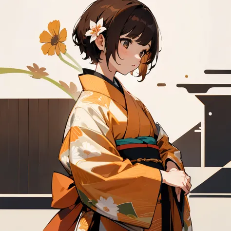 girl、Brown Hair、short hair、Flower pattern kimono