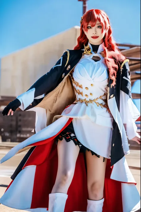 linda mulher, long hair,red hair, brown eyes, ,team rocket uniform, red letter R, white skirt,white crop top,black thigh-high boots, black elbow gloves, looking at viewer, cowboy shot,beco na rua