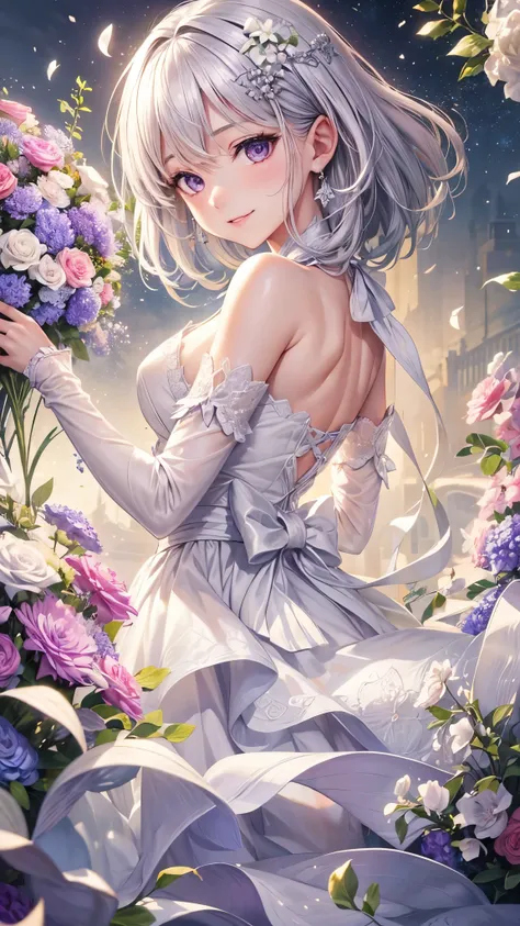 Highly detailed CG Unity 8k wallpaper, pretty girl, Mature silver-haired girl, Medium Hairstyles,beautiful girl, Hot Maiden, Purple Eyes,Pale skin (super masterpiece, Beautiful person, well detailed face polluted smilee,   平らな胸はWhite dressで隠れている、Realistic,...