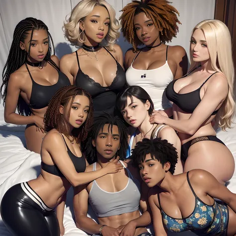 (A single black man laying on his back, in-bed wearing shorts, in-center of composition) A diverse group of five young adult Americans, representing different ethnicities and characteristics, wearing yoga-pants and tank-tops, displays their unique beauty w...