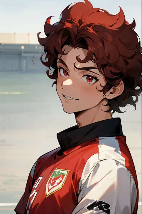 1male, young teen, finely detailed ruby red eyes, soccer jersey, serious expression, soccer field background, muscular, tokyo, smile,upper body, curly hair