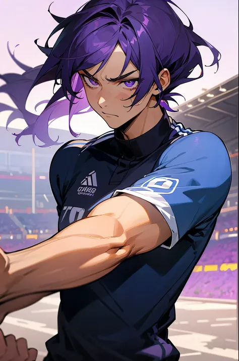 1male, young teen, finely detailed violet eyes, soccer jersey, serious expression, soccer field background, muscular, tokyo, straight hair, violet hair,
