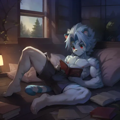 kogenta (Onmyou Taisenki) lying with his stomach on the ground while reading comics, read comics, young anthro male white tiger with dark blue stripes, slim, very slim, very thin waist, cute, plants, pillows, light falling through the window, reading a boo...