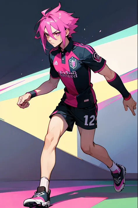 1male, young teen, finely detailed magenta eyes, soccer jersey, serious expression, soccer field background, muscular, tokyo, straight hair,random multi colored hair, random two toned hair, full body