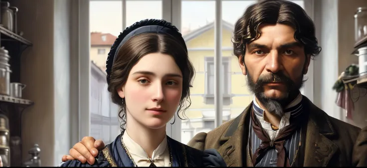 a man and woman standing in a kitchen next to each other, kramskoi 4 k, key art, victorian age, inspired by Silvestro Lega, highly detailed characters, promotional art, uhd realistic faces, inspired by Francesco Hayez, victorian era, victoriana, by Anna Ka...