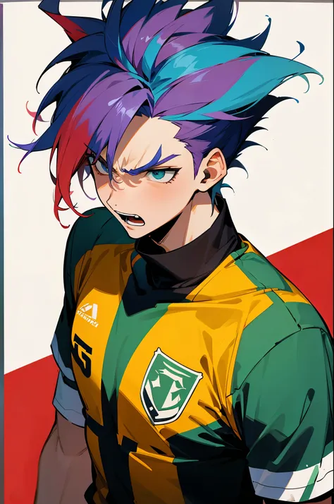 random multi colored hair, random two toned hair, soccer field backgrund, soccer jersery , young male, angry, upperbody
