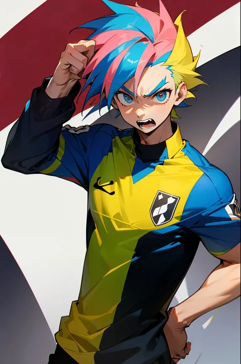 random multi colored hair, random two toned hair, soccer field backgrund, soccer jersery , young male, angry, upperbody, lean build