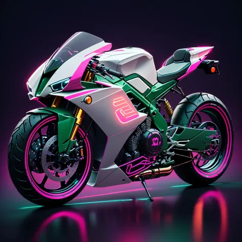 brightly lit motorcycle with a pink and green design on the front, futuristic motorcycle, cycles 3 d render, motorcycle, cycles4d render, in style of digital illustration, motorcycle concept art, cycle render, futuristic art style, 8k octane 3d render, dan...