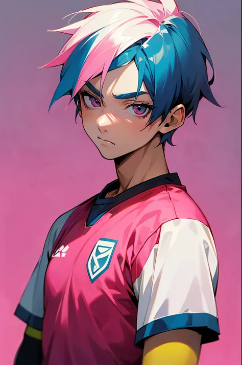 random multi colored hair, random two toned hair, soccer field backgrund, pink soccer jersery , young male,blank face expression, upperbody, lean build
