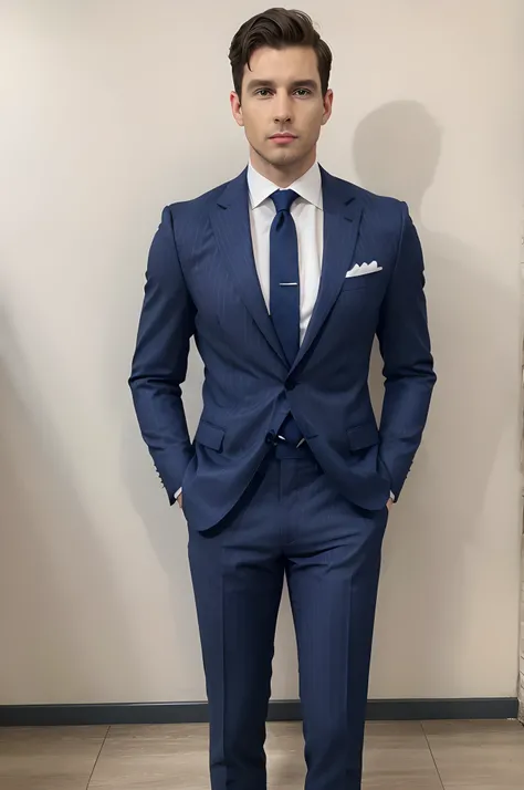 A full-body shot of a man in a tailored three-piece suit, standing confidently with his hands in his pockets. His suit is a deep navy blue with subtle pinstripes, complemented by a crisp white shirt and a burgundy tie. The image should capture the sharp li...