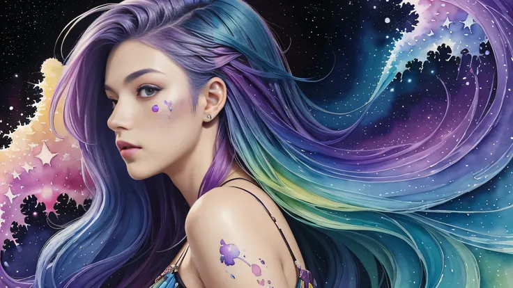 (masterpiece, top quality, best quality,watercolor (medium),official art, beautiful and aesthetic:1.2),(1girl:1.3), (fractal art:1.3),upper body, from side, looking at viewer,patterns,(rainbow color Hair,colorful hair,half blue and half purple hair:1.2),wa...