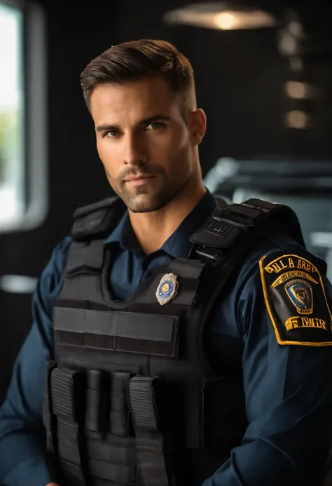 homem atraente de 30 anos em uniforme do FBI, Bela barba , Vestido com uniforme oficial Sexy do FBI,  Including bulletproof vest with Agency emblem, Holds an FBI standard pistol, pronta para uso. Front camera focus, modo retrato, perfectly straight in fron...