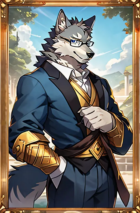 Gray wolf，Light blue eyes，gentleman，Gentle and refined，Strong，With gold-framed glasses