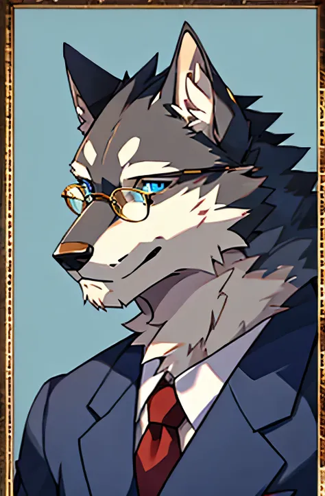 Gray wolf，Light blue eyes，gentleman，Gentle and refined，Strong，With gold-framed glasses