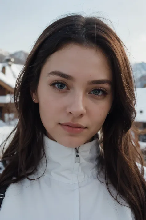 ((best quality)), ((masterpiece)), (detailed), perfect face Beautiful scanidnavian woman, intagram model, brown eyes ,Skiing in winter, long distance photo