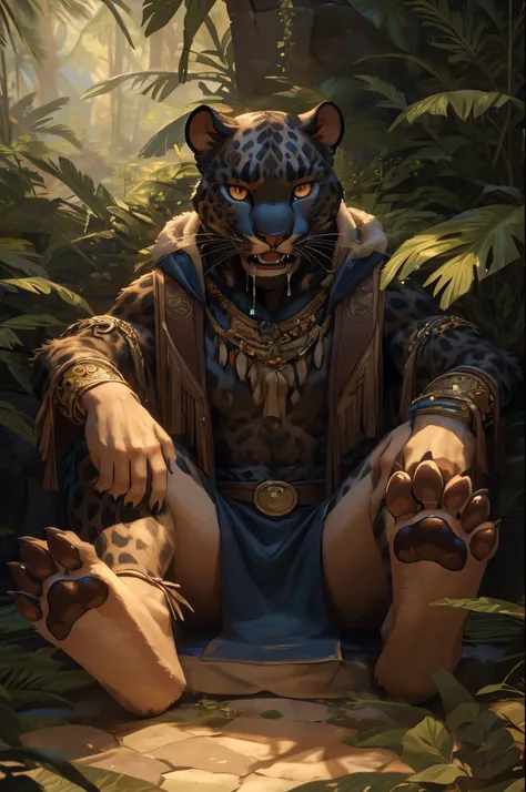 (((Barefoot furry character, full body, cinematic setting, furry male, plantigrade))) 

Curare depicted as stealthy and agile ((panther)) anthro with sleek black fur and piercing amber eyes. Clad in tribal-inspired attire with dart motifs symbolizing curar...