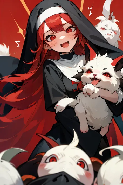 Love in the eyes, long red hair, red pupils, blushing, Cute, wide open mouth, show tongue, rolling eyes, black nun outfit, goat horn, black earring