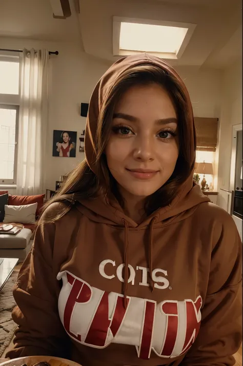 cute 24 years old blonde latina girl with brown eyes taking a selfie with the front camera using a oversized red hoodie crop top, hood up
selfie , cute, happy, luxury, on table, winking, long thick brown hair, fluffy, in a bright living room , youtuber amb...