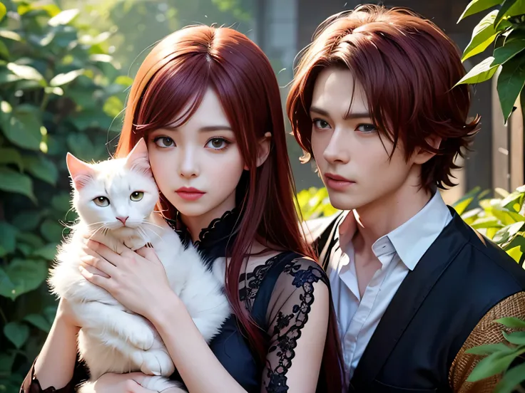 anime character with red hair holding a white cat in front of a bush, a character portrait by Yang J, pixiv contest winner, furry art, handsome guy in demon slayer art, delicate androgynous prince, artwork in the style of guweiz, beautiful androgynous prin...