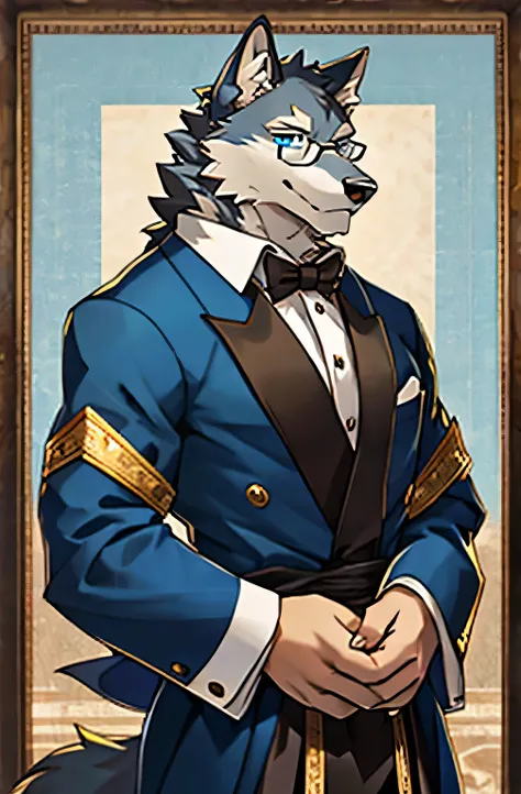 Gray wolf，Light blue eyes，gentleman，Gentle and refined，Strong，With gold-framed glasses