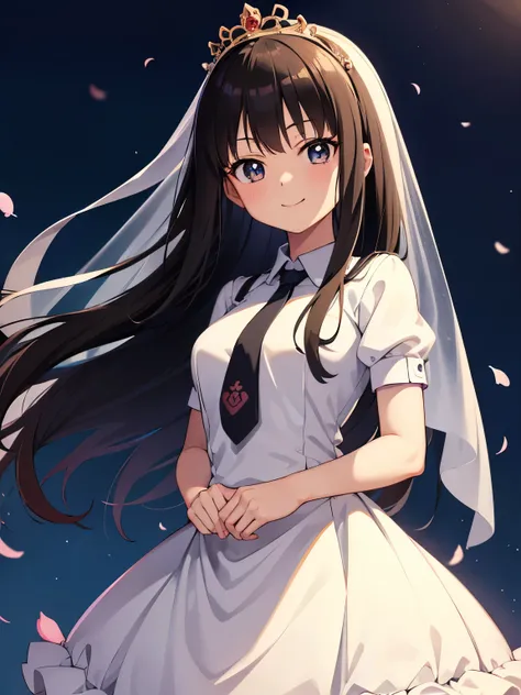 ((masutepiece)), ((Best Quality)), (Ultra-detailed), Anime style, Cute  s, 1girl in, Solo, bride, June Bride 00, ((Beautiful eyes))0, Smile, inoue takina, elegant tiara, cheerful wedding, black hair, colorful necktie